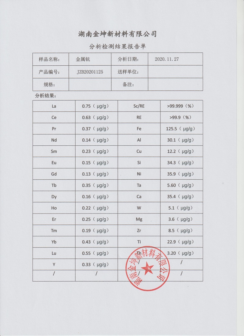 湖南金坤新材料有限公司,金屬鈧,金屬鈧粉,鋁鈧合金,金屬鈧靶,鋁鈧靶材,鋁基靶材,氧化鈧,各類鈧鹽,氟化鈧,貴金屬粉末低氧超細(xì)鈦粉,鋯粉,鉿粉,鈮粉,鉭粉